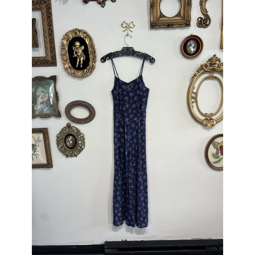 Vintage Ditsy Floral Slip Maxi Dress Sleeveless Blue Size S - Picture 2 of 5